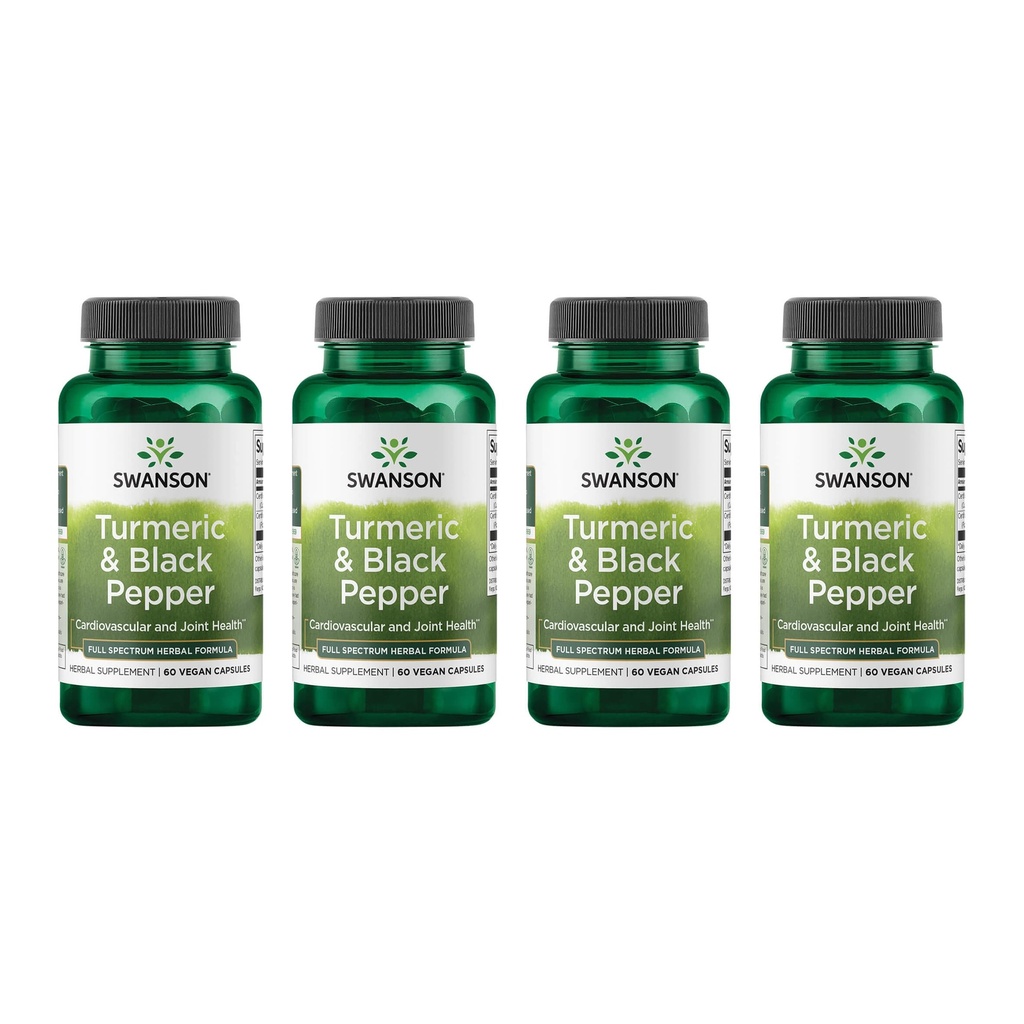 Swanson Turmeric " Black Pepper - Organic Joint Health, Heart Health, Digestion, " Liver Support Supplement - Natural Formula for Enhanced Bioavailability " Absorption - (60 Veggie Capsules) 4 Pack
