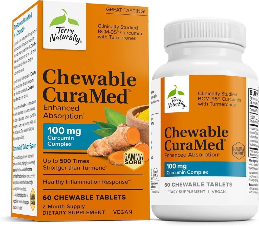 Terry Naturalmente CuraMed 100 mg Complejo de Curcumin - Ausorción Reforzada Suplemento de Curcumina con Turmérico - Brain &amp; Liver Health Support Suplemento - Vegan Suplemento dietético - 60 Tablas Chewable