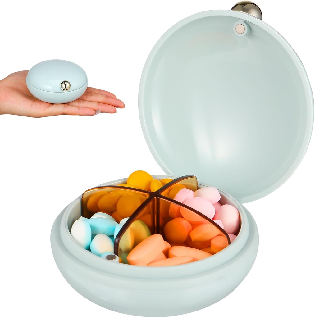 iplusmile Pill Organizer 4 veces al día, Cute Round Travel Containers, Portable Removable Compartments Pill Box Dispenser for Women Workplace Vacation Daily Vitamins Carrier (Blue)