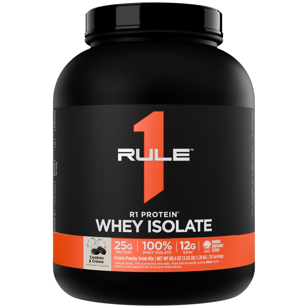 Regla 1 R1 Proteína Whey Isolate - con 25g Protein &amp; 6g BCAA Exclusivamente de Fuentes hidrolizadas para la recuperación de entrenamiento (5 libras*, Cookies " Crème)