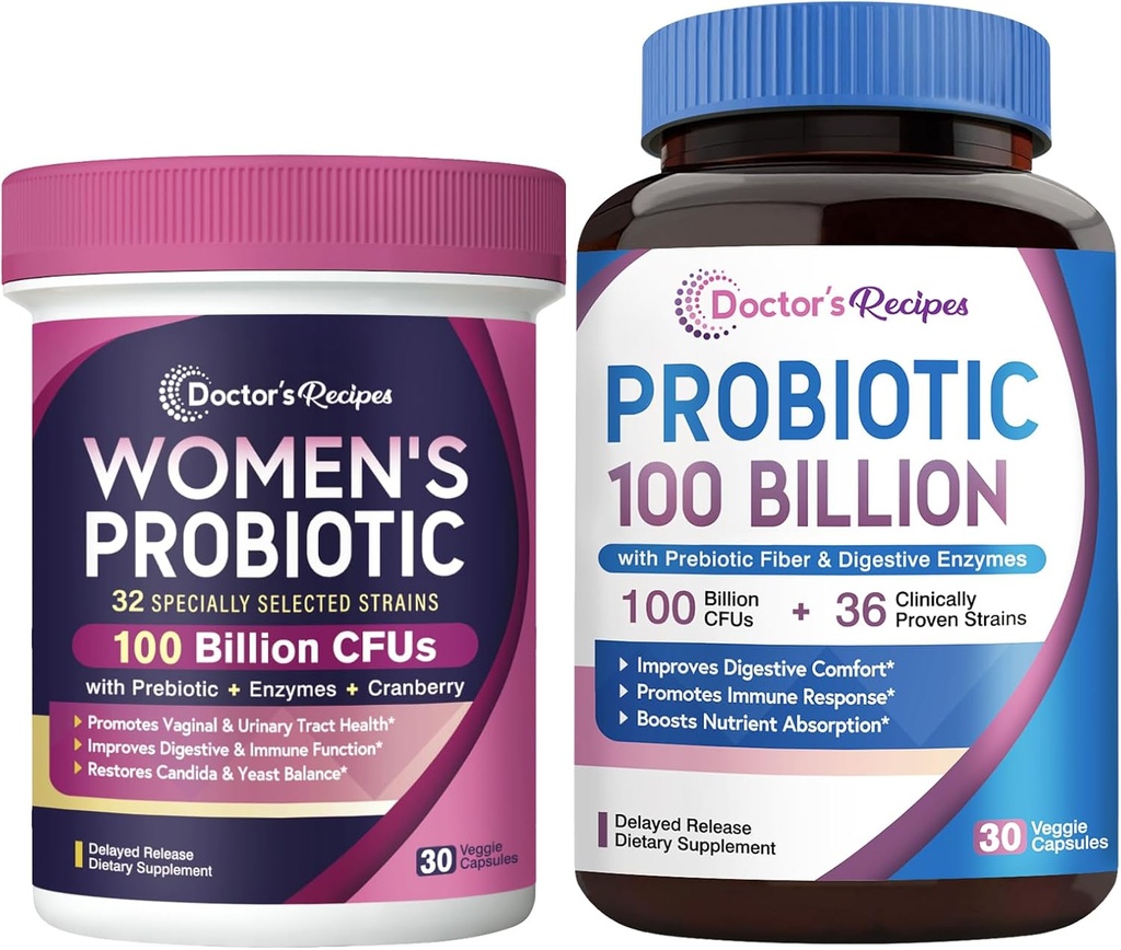 Recetas de doctores Probióticos de mujeres 100 millones de millones CFUs Bundle, Vaginal &amp; Urinary Health, Digestive Comfort for Men &amp; Women, Shelf Stable, Delayed Release