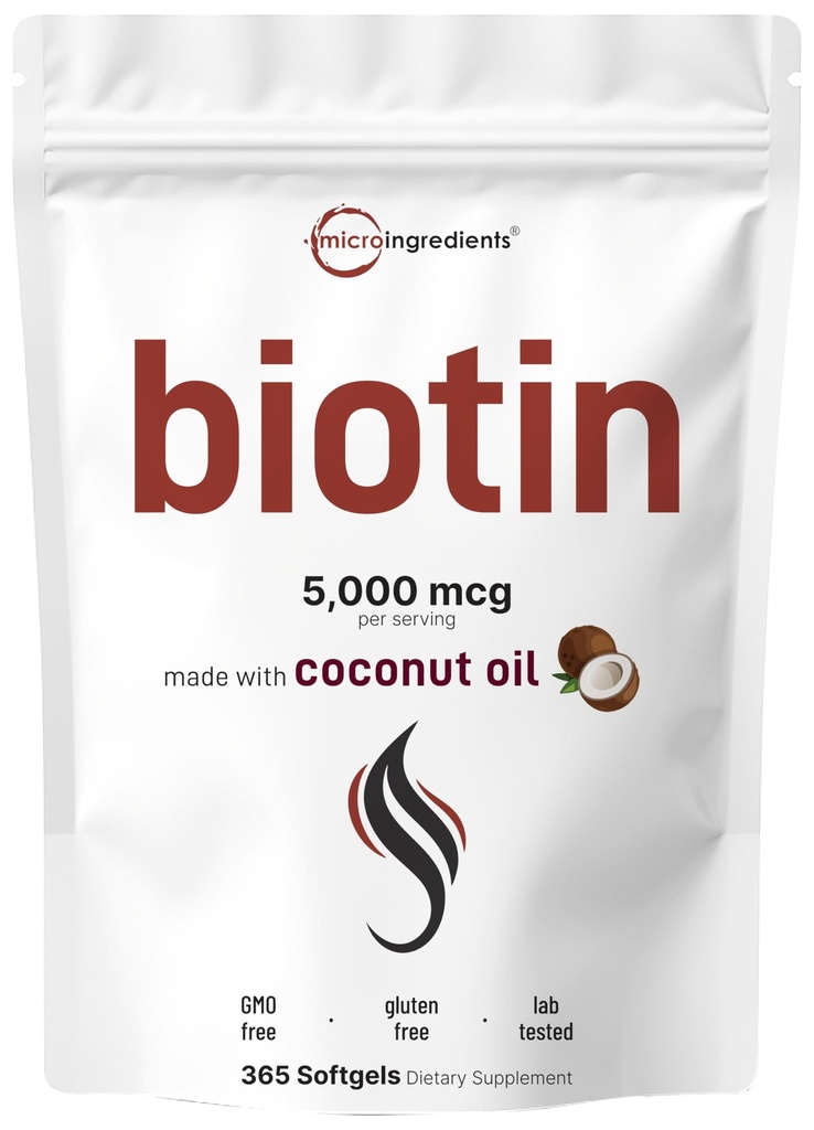 Micro Ingredients Biotin 5,000mcg | 365 Virgin Coconut Oil Softgels, Fast Release, One Year Supply | Supports Healthy Hair, Skin, & Nails | Non-GMO, No Gluten