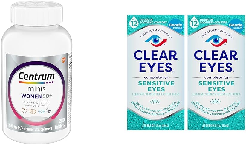Centrum Minis Multivitamina de Plata Mujer para Mujer 50 Plus, Suplemento Multimineral con Vitamina D3, B Vitaminas, Ingredientes no transgénicos, soporta memoria y cognición en adultos mayores - 280 Ct &amp; Ojos claros, ojos sensibles, gotas de ojos, 0.5 Oz, 2 Pack