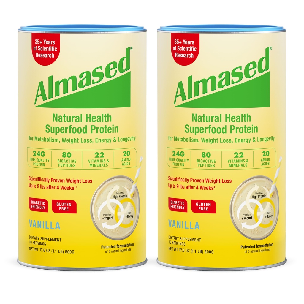 Afeitado de reemplazo de vainilla Almased - Base de planta alta de baja glucémica Proteína Powder- Nutricional Apoyo a la salud del peso Suplemento - Vanilla Flavor - 17.6 oz (1.1 libra (2 Pack)