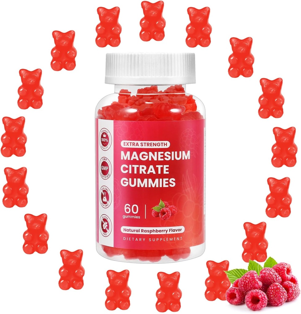 Magnesio Glycinate Gummies 400mg,Magnesium l-Threonate 200mg Gummie, Magnesio Chelatado y Complejo de Potasio Suplemento de Apoyo Memoria,Mood y sueño,(60 Magnesium Gummies,Raspberry Flavor)