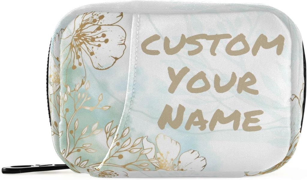 Caja de píldoras personalizada 7 días Pill Case Bag Golden Flowers Nombre personalizado Travel Pill Organizer Bag with Zipper Portable Weekly Case Compact Size for Vitamin Supplement Holder