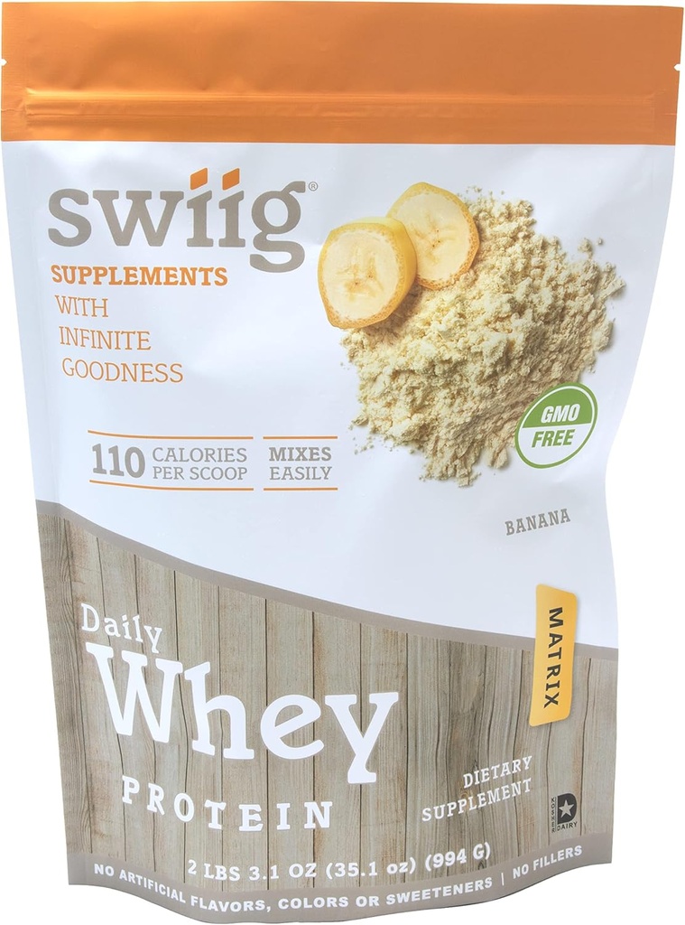 swiig Premium Daily Whey Protein Matrix Banana 2.2 lb – 20g Protein Gluten-Free No Fillers Sin Sabores Artificiales mejorados con Aminoácidos para la recuperación del músculo Toda la Fórmula Natural