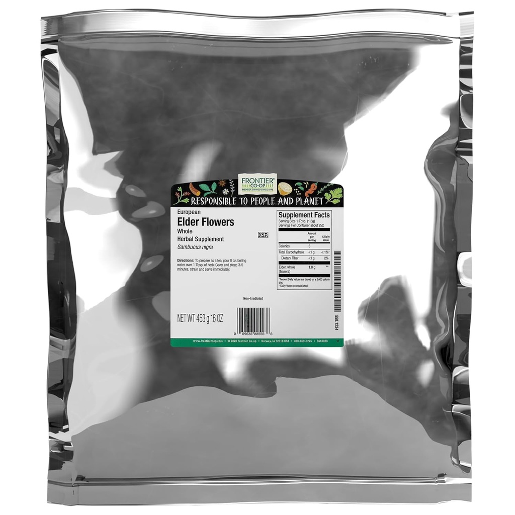 Frontier Co-op Dried Elder Flowers, 1lb Bulk Bag | European Whole Dried Elderflower for Culinary & Herbal Use | Ideal for Elderflower Tea, Kosher