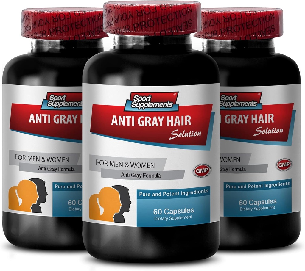 Píldoras de ácido fólico - Solución de pelo anti-gray - Clorofill Pills, Vitaminas de pelo gris, ácido pantoténico, Nettle, Vitaminas de color del cabello, Soporte Natural Hair Color, Saw Palmetto, (3 botellas - 180 cápsulas)