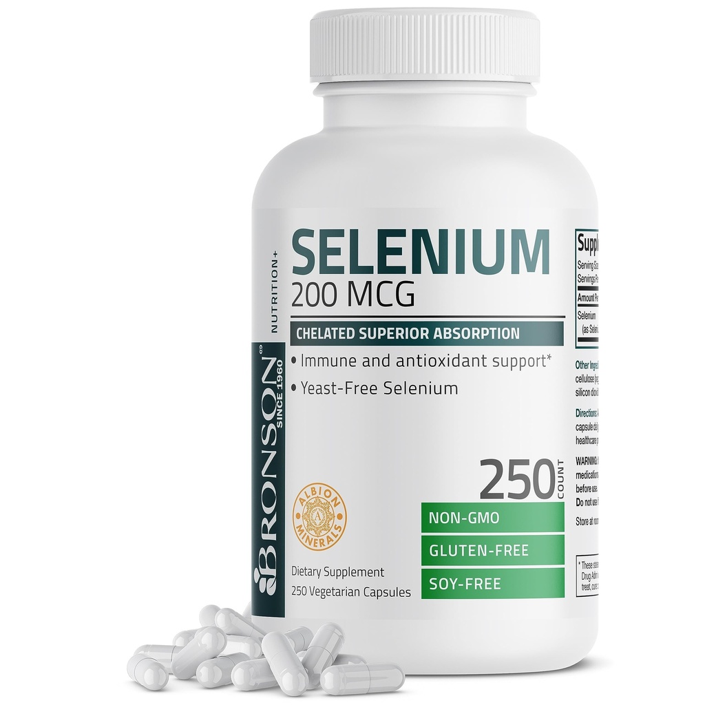 Bronson Selenium 200 mcg – Complejo de Aminoácidos Sin Levadura - Mineral de Traza Esencial con Absorción Superior, 250 cápsulas vegetarianas