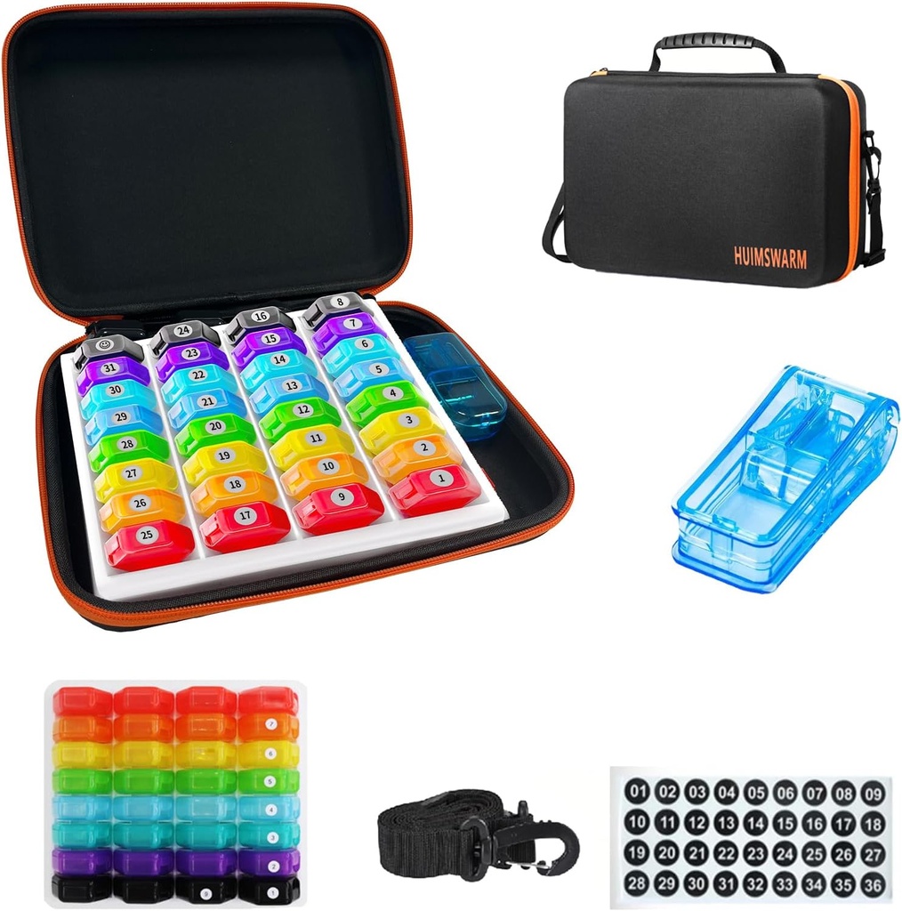 Organizador Mensual 1Time A Day,Organizador de píldoras Mensual 1Time A Day with 32 Daily Compartments conmigo1Pill Cutter implica1Travel Case limitado1Shoulder Straps adulto2PCS 31 Days Sticker. Mango cómodo, libre de BPA.