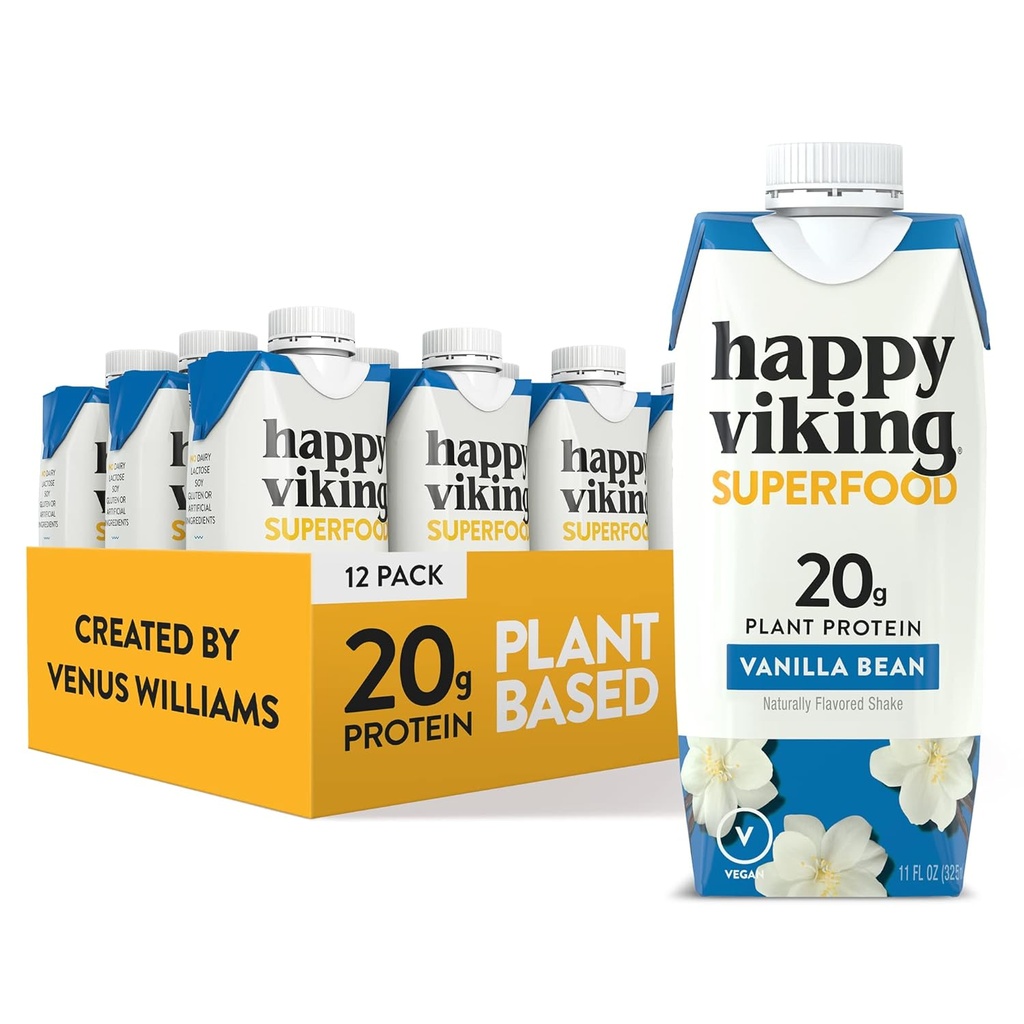 Vainilla Bean Vegan Plant Protein Shakes by Happy Viking, Creado por Venus Williams, 20g de proteína, Omega-3, 9 Aminoácidos y BCAAs, Gluten-Free, Non-GMO, Listo para beber, Pack of 12 (11oz)