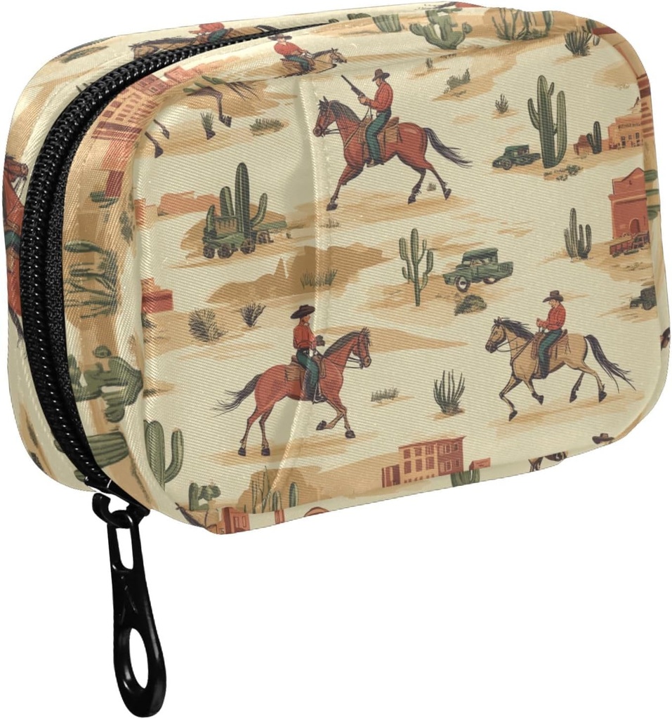 Fustylead Cowboy Riding Horse and Desert Cactus Pill Organizer for Purse, semanal caja de píldoras portátiles con cremallera para almacenar vitaminas Aceites de pescado Suplementos