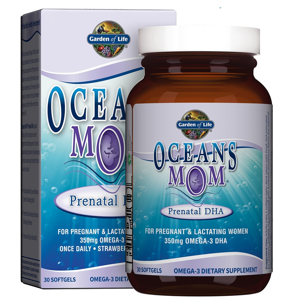 Garden of Life Oceans Mom Prenatal Fish Oil DHA, Omega 3 Supplement - Strawberry, 350mg Prenatal DHA Pregnancy Fish Oil Support for Mamas, Babys Brain & Eye Development, 30 Small Softgels
