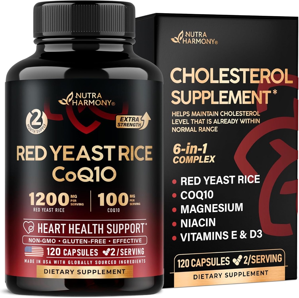 Red Yeast Rice 1200 mg with CoQ10 100 mg - with Magnesium | Niacin | Vitamin E & D3 - Heart Health Support, Energy & Metabolism - Effective, Flush-free & Laboratory Tested - Made in USA, 120 Capsules
