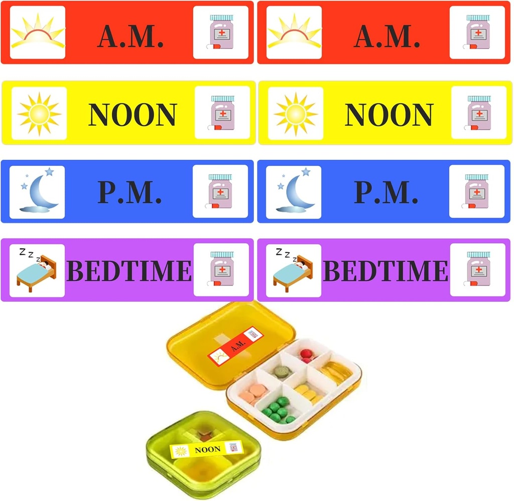 500 Pcs Medicamentos Pegatinas Instrucción de medicamentos Etiquetas - Noon de la mañana Hora de la cama Medicina Recordador 2/5 x 1.6 Inch AM NOON PM para Pegatinas para Planificadores de Casos de Píldora