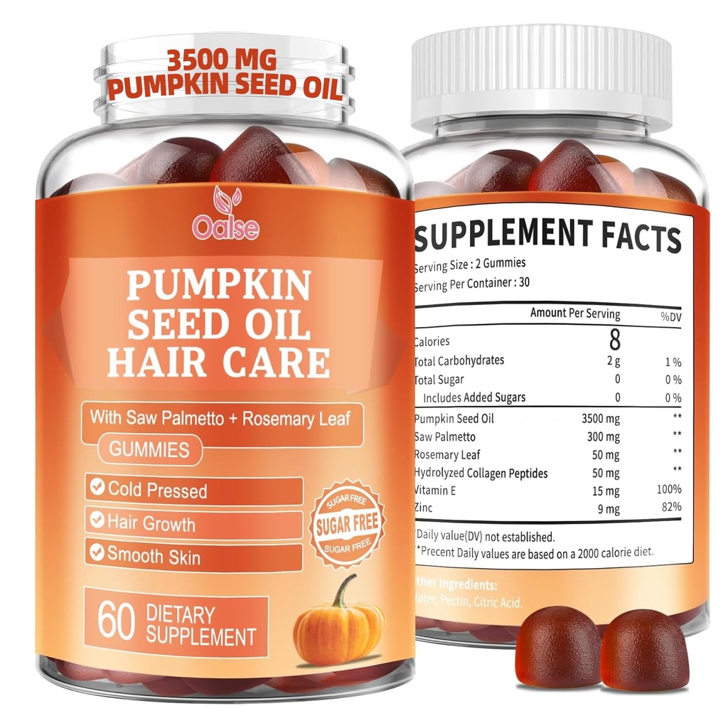 Pumpkin Seed Oil Gummies, 3500mg Por Serving, Cold Pressed, with Saw Palmetto, Rosemary Leaf, Zinc, Hydrolyzed Collagen Peptides, Pumpkin Seed Oil for Hair Growth, Vegan, 60 Condes