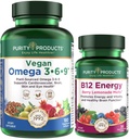 Purity Products Bundle - Vegan Omega 3-6-9 (180 ct) + B-12 Energy Melt Omega 3-6-9 (“5 en 1” Plant-Based Omega 3 6 9 ácidos grasos esenciales) - B12 Berry Melt (Methylcobalamin B12 + B6 + D3 + Más)