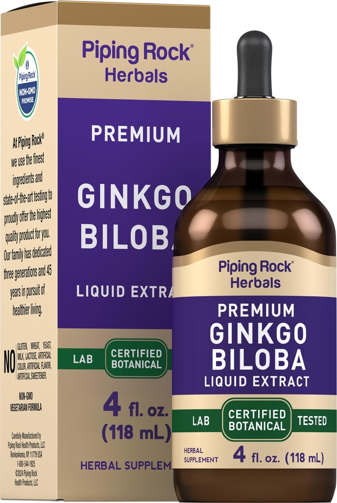 Piping Rock Ginkgo Biloba Suplementos TENIDO 4 fl oz ANTE Premium Liquid Herbal Extract Silencio Certified Botanical TEN Non GMO, Gluten Free