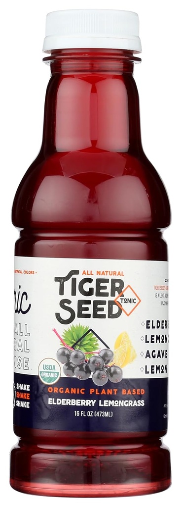 Elderberry Lemongrass - Semillas Tiger - Hydration &amp; Immune Support - 16 botellas FL OZ (Pack of 9) orgánica, Vegan, Kosher, Low-Sugar