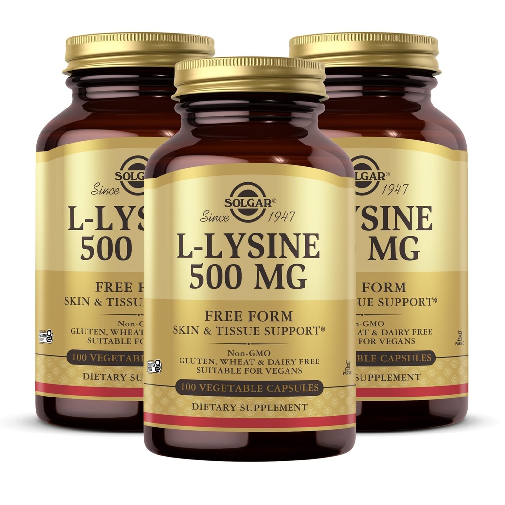 Solgar L-Lysine 500 mg - 100 cápsulas vegetales, Pack of 3 - Skin & Tissue Support - Non-GMO, Vegan, Kosher, Gluten Free - 300 Total Servings