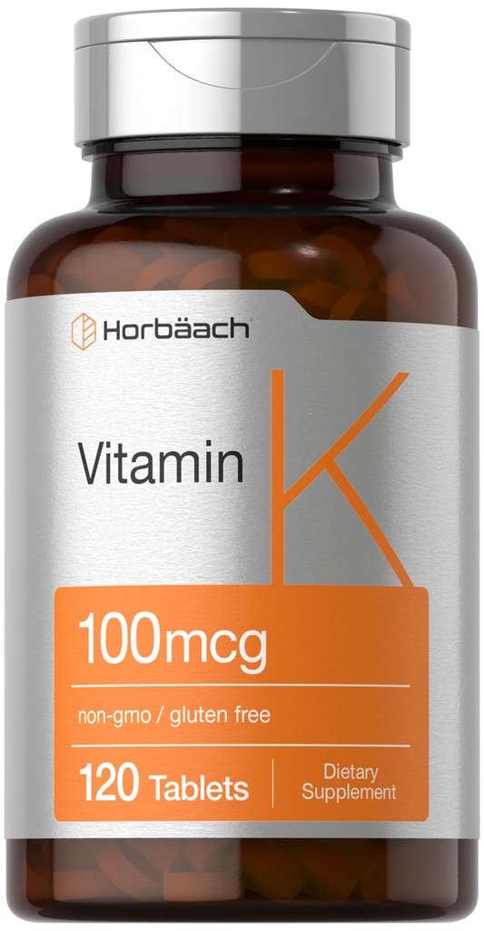 Horbäach Vitamina K Suplemento Silencio 100mcg Silencio 120 Tablets Silencio Vegetarian, Non-GMO &amp; Gluten Suplemento gratuito