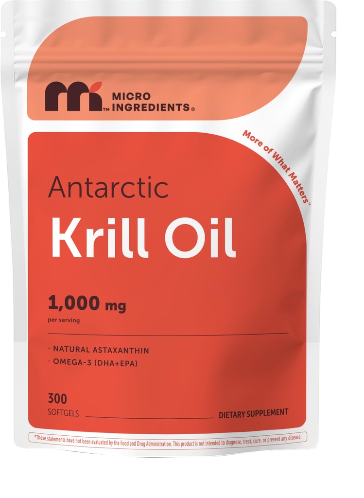 Micro Ingredientes Suplemento de aceite de Krill Antártico, 1000mg Por Serving, 300 Soft-Gels, Rich in Omega-3s EPA, DHA &amp; Natural Astaxanthin, soporta el sistema de inmunos &amp; Brain Health, Fácil de Tragar