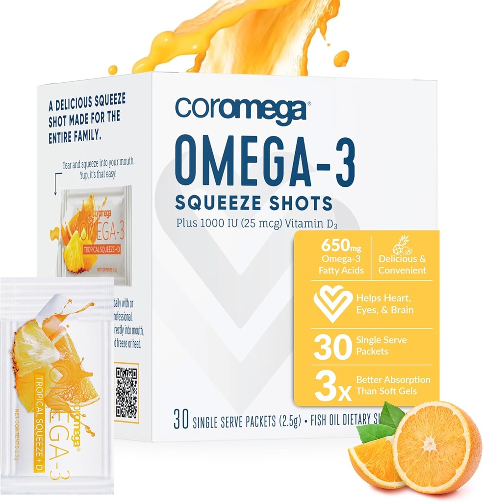 Coromega Omega 3 Fish Oil Supplement with Additional Vitamin D3, 650mg of Omega-3s with 3X Better Absorption Than Softgels, Tropical Orange Flavor, 30 Single Serve Squeeze Packets