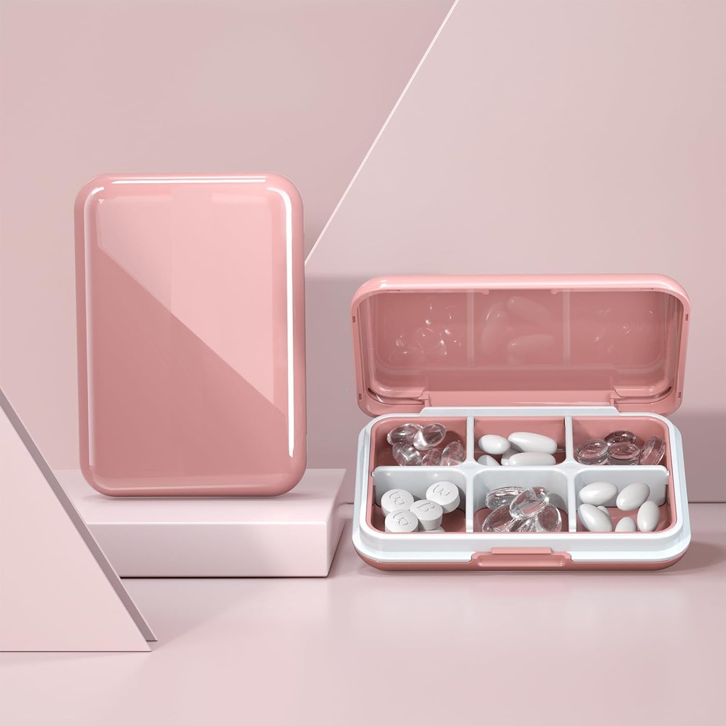 Pill Box Caja impermeable para el viaje Pill Case Portable Daily Pill Container Pill Holder Purse 6 Compartments Pocket Compact Medicine Organizer for Vitamin,Fish Oils,Supplements,Medication (Large Pink)