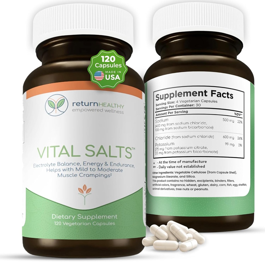 Vital Salts, Electrolyte Salts for Energy and Endurance, Sodium Chloride, Electrolyte Supplements, Blood Pressure Support Supplement, Muscle Cramps Relief, 120 Salt Capsules - Return Healthy