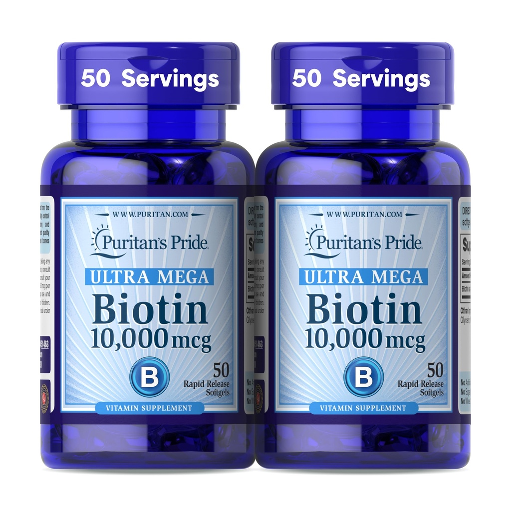 Puritan's Pride Premium Ultra Mega Biotin 10,000mcg, Dietary Supplement for Healthy Hair, Skin, Nails, and Energy Metabolism Support, 100 Day Supply, 50 Rapid Release Softgels, 2 Pack