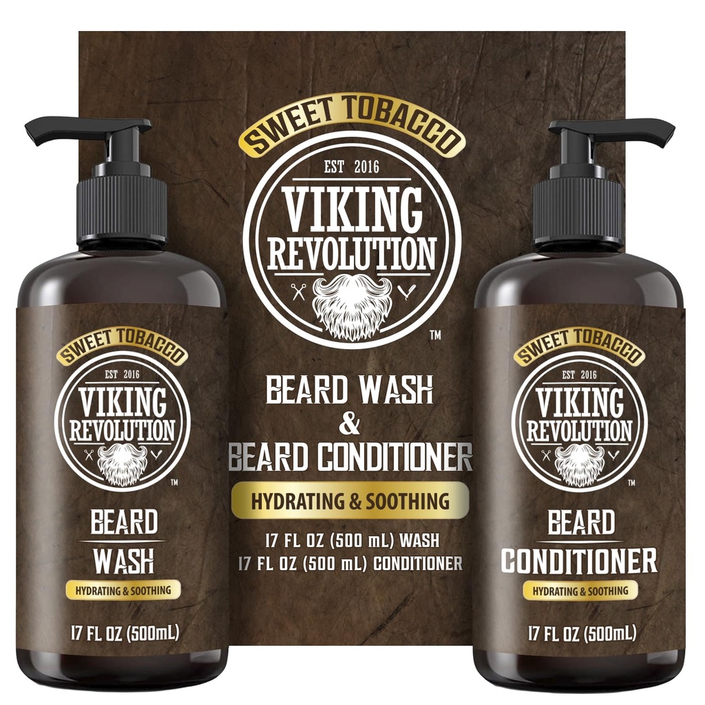 Viking Revolution Beard Wash and Beard Conditioner for Men with Argan Oil and Jojoba Oil - Beard Softener and Strengthener Beard Care Beard Shampoo and Conditioner with Beard Oil (17oz, Sweet Tobacco)