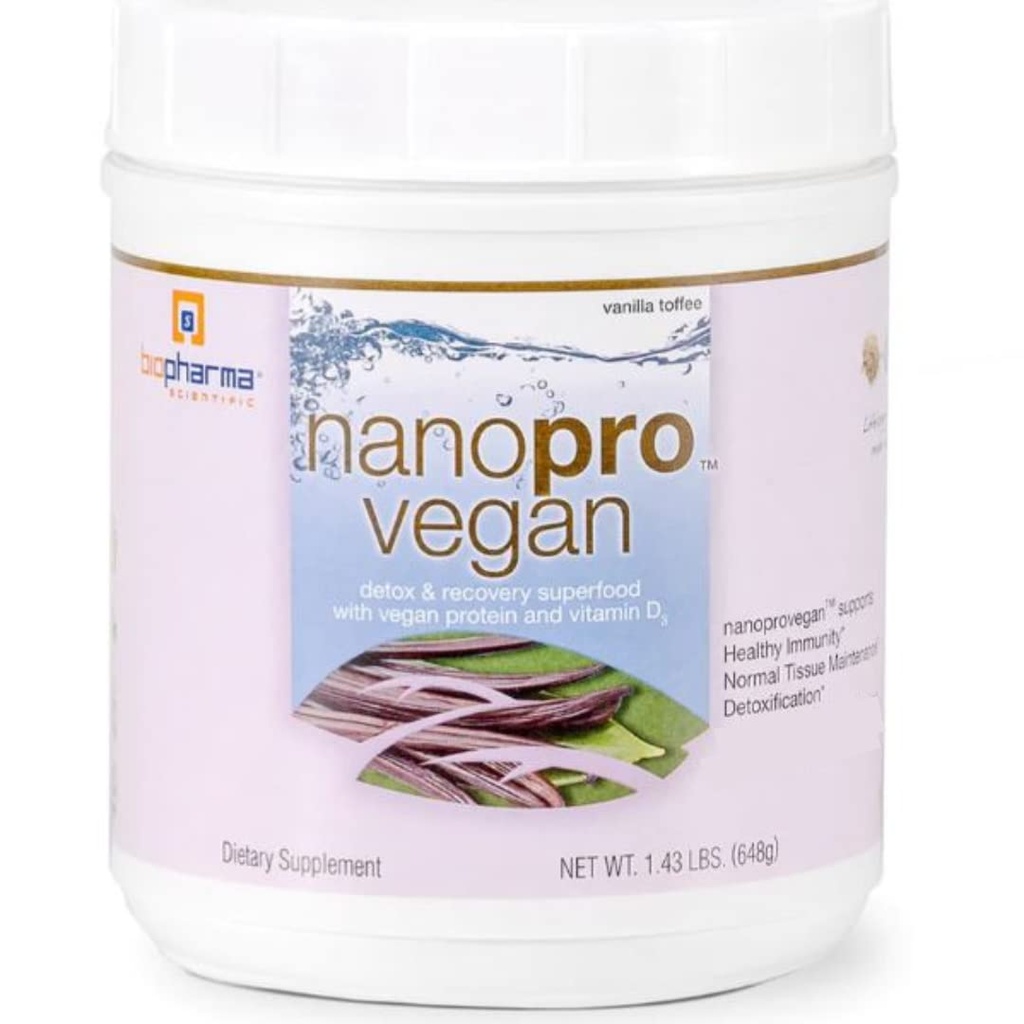 Biopharma Scientific Nanopro Vegan: Vegan Protein Powder for Immune Support &amp; Ejercicio Recuperación con Pea Protein Blend, Ashwagandha y Vegan D3, Vanilla Toffee Flavor, 30 Servings