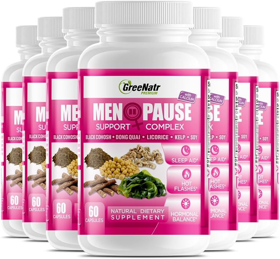 GreeNatr Herbal Menopause Support Complex for Hot Flashes, Night Sweats & Mood Swings Relief. Promotes Balanced Hormone Levels - Black Cohosh, Dong Quai, Licorice Root & Kelp Leaves (12 Bottles)