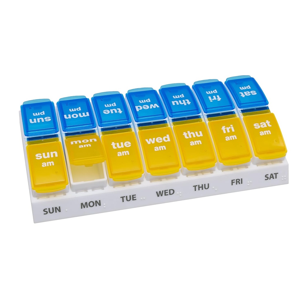 EZY DOSE Organizador semanal de píldoras AM/PM, caja de vitaminas y medicamentos de 7 días con grandes combinaciones de Pop-Out, 2 veces al día del tenedor de píldoras para una dosis sencilla, tapas amarillas y azules, diseño amigable