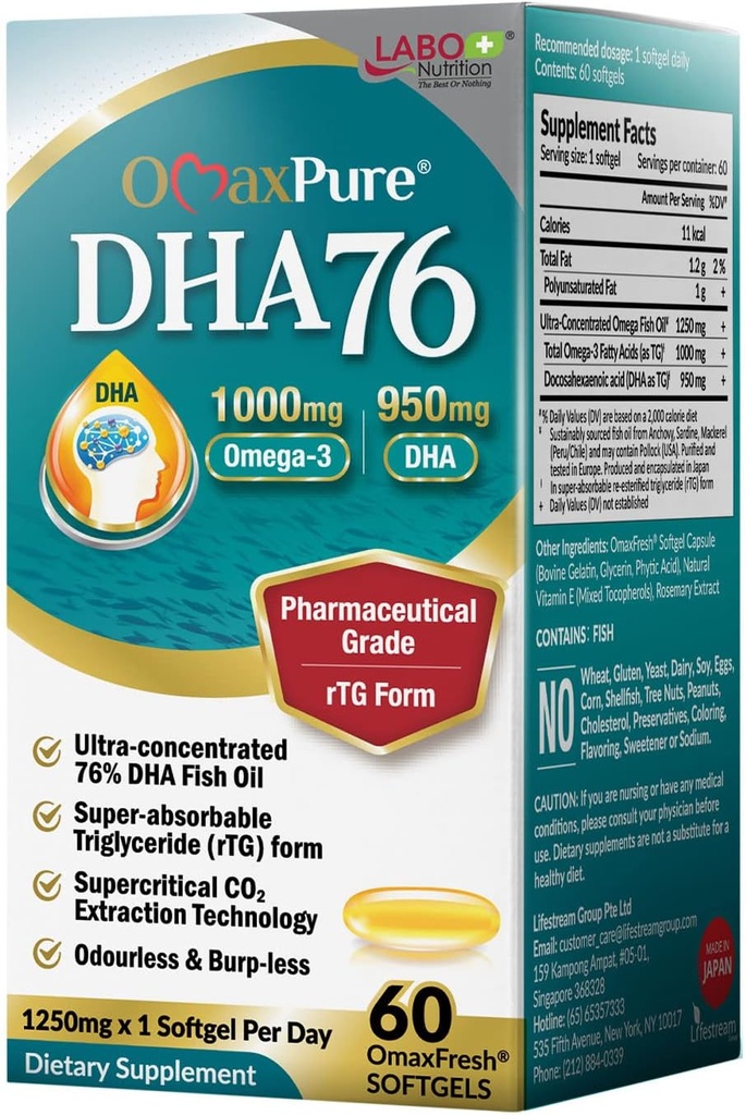 LABO Nutrition OmaxPure DHA76 Omega 3 Fish Oil, Ultra-Concentrated 76% 950mg DHA, EPA, 60 Conde, Pharmaceutical Grade, Supercritical CO2 Extracted rTG Form, for Heart, Joint, Brain &amp; Immune Health