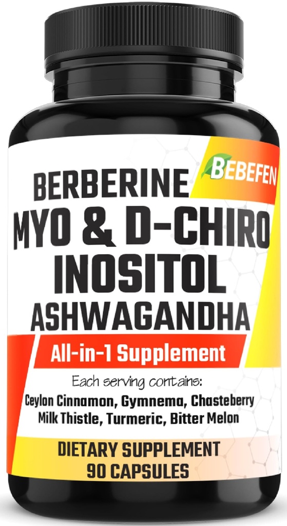 Myo-Inositol & D-Chiro Inositol Capsules with Ashwagandha, Berberine, Cinnamon, Gymnema, Chasteberry, Milk Thistle, Turmeric, Bitter Melon - 90 Capsules