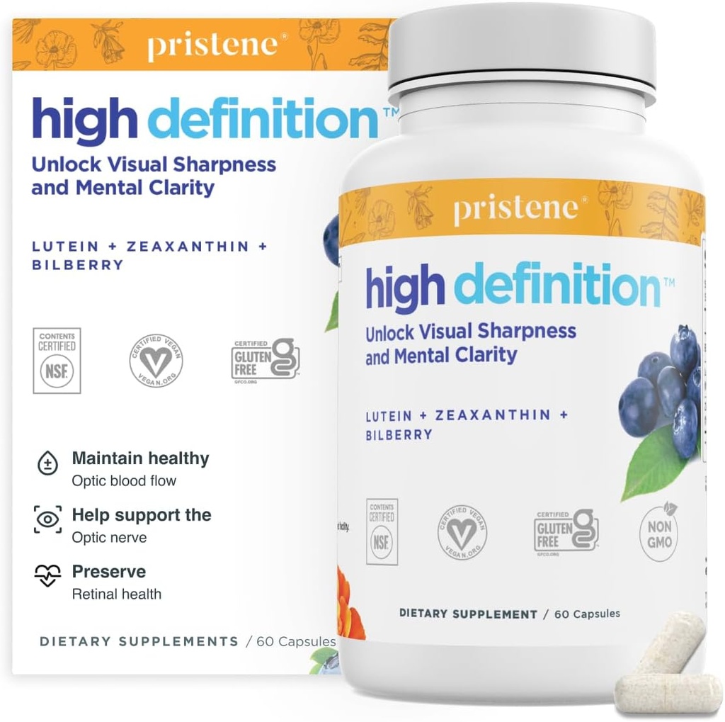 High Definition Brain + Eye Vitamins for Memory, Focus & Concentration, Lutein & Zeaxanthin (25mg/5mg) to Protect Your Eyes from Blue Light & Screens, Bilberry Supplement for Eyes to Support BDNF