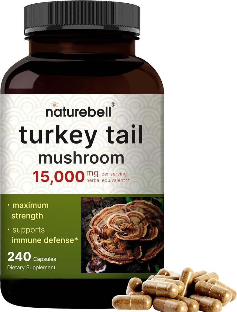 NatureBell Turquía Tail Mushroom Capsules 15,000mg Por Serving, 240 Cuenta viv 25:1 Fruto Cuerpo &amp; Extracto de Mycelium – Immune &amp; Brain Health Mushrooms Suplemento
