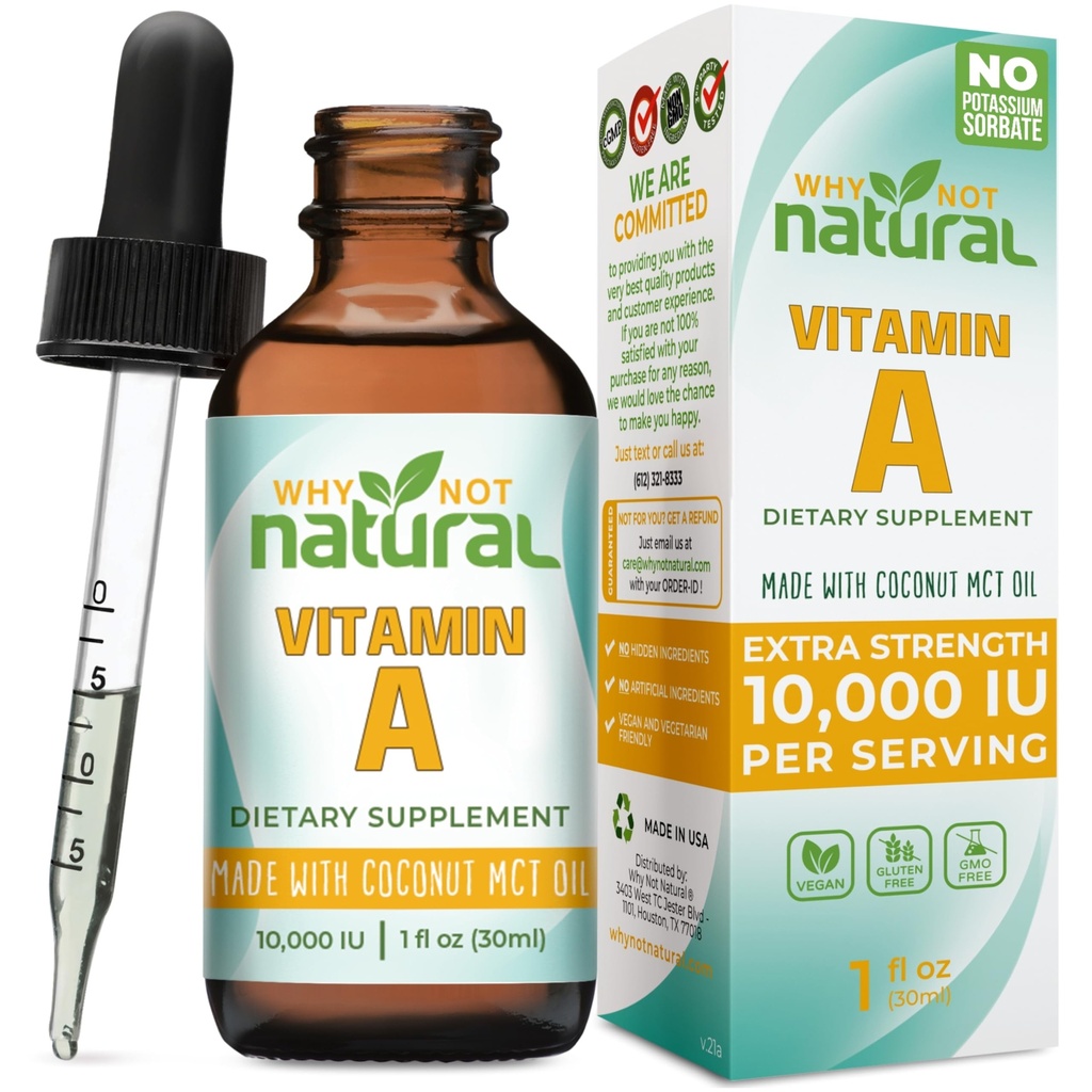 Why Not Natural Vitamin A Drops 10000 IU - Liquid retinyl Palmitate with Coconut MCT Oil, Vegan VIT A Supplement for Skin - 1 oz sublingual Tincture