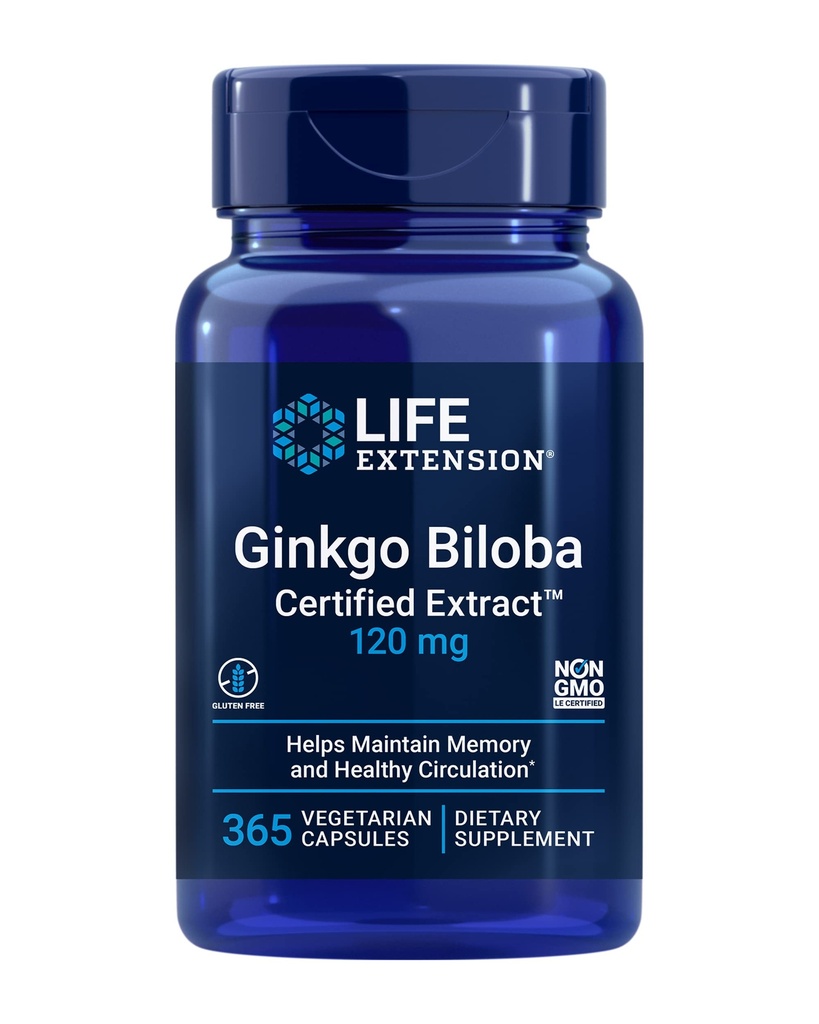 Extracto certificado de extensión de vida Ginkgo BilobaTM, 120 mg, ayuda a mantener la memoria " , libre de gluten, no GMO, vegetariano, 365 cápsulas