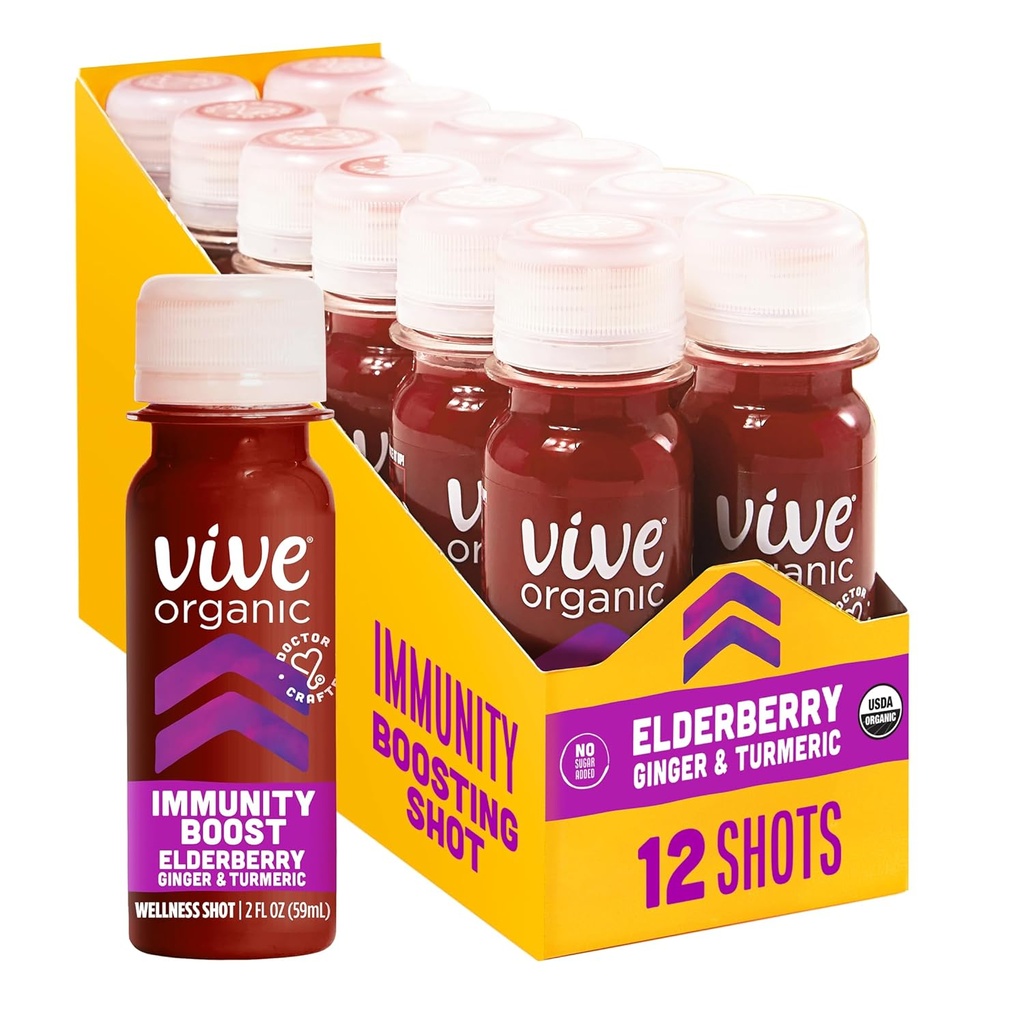 Vive Organic Immune Support Elderberry Shot, Cold-Presed Turmeric " Ginger, Gluten Free, Vegan, Immunity Boost Elderberry, 2 Fl Oz (Pack of 12)
