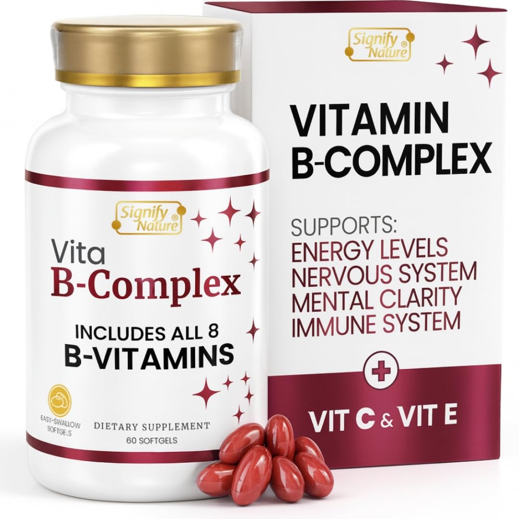 SIGNIFIA NATURE VitaBComplejo con Vitamina C y E, B Complejo Vitaminas para Hombres, Suplementos BComplex, VIT B1, B2, B3, B6, B8, B9, B12, Super B Softgels - 60 CT