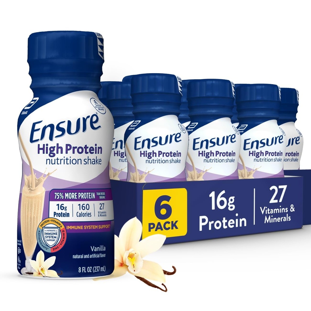 Asegurar el afeitado de nutrición de vainilla de alta proteína con fibra, listo para beber, 16g Proteína y 27 vitaminas y minerales, 8 fl oz, 6 Pack