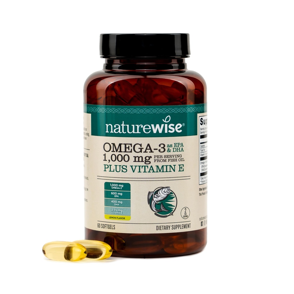 NatureWise Extra-Strength Omega 3 Fish Oil Suplemento - 1000mg por Serving - 600 EPA &amp; 400 DHA y Vitamina E - Apoyo para la salud del corazón y del cerebro - Lemon Flavor, GMO-Free - 60 Softgels[1-Month Supply]