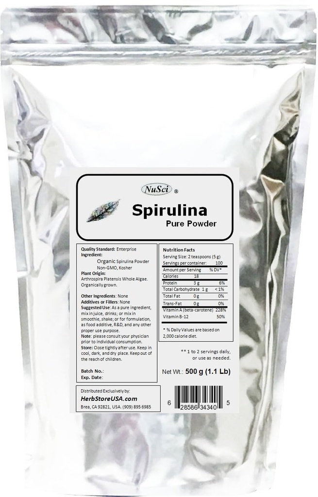 Espirulina cultivada orgánicamente 100% puro Polvo 500g (1.1 lb) GMO fresco libre no irradiado