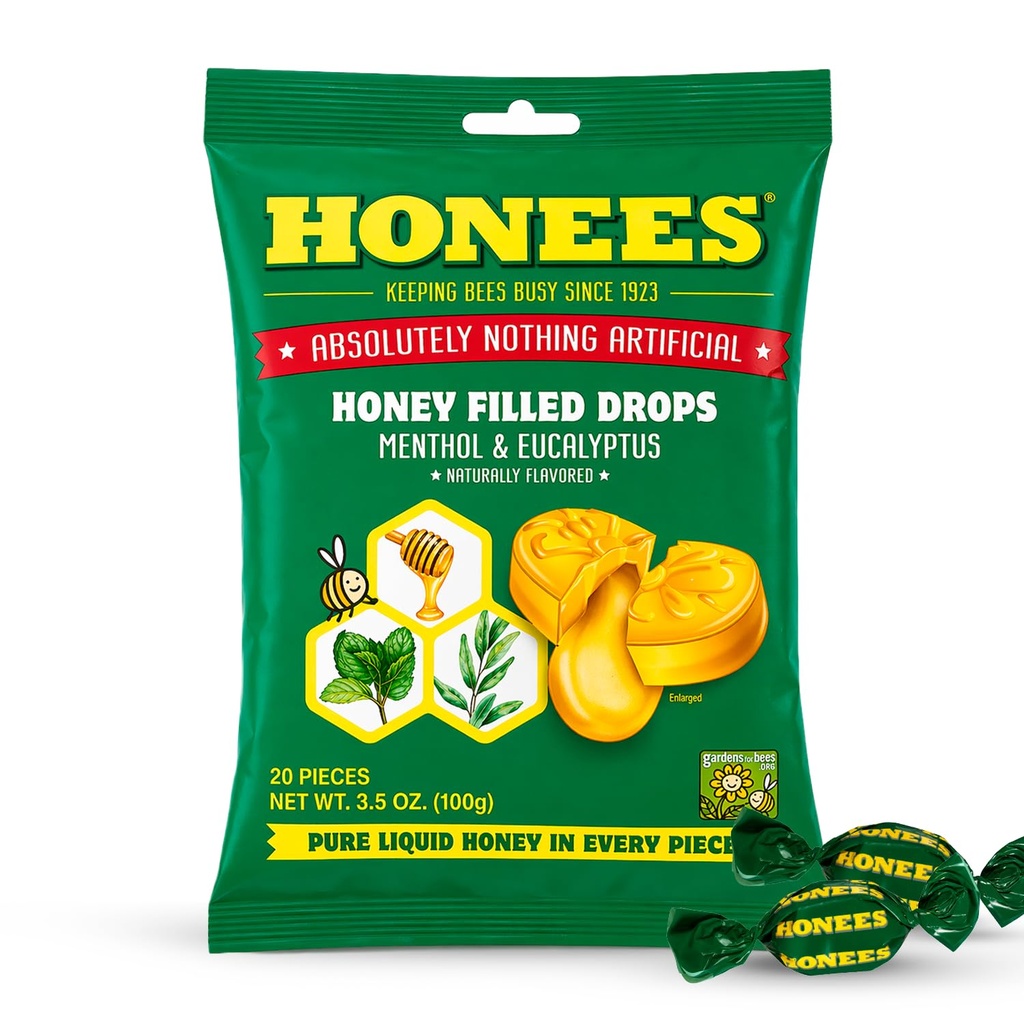 Honees Honey Menthol Cough Drops - 20-Pieces, Single Pack Honey-Filled Lozenges ← Alivio Temporal de la Tos ¦ Soothes Sore Throat