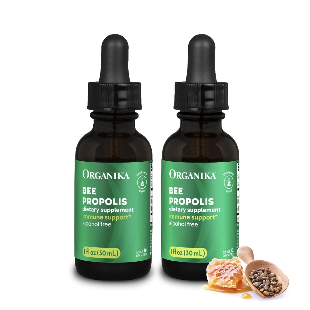 Organika Bee Propolis Tincture 1 oz x 2 Pack: Clean and Vegan Propolis Extract for Immune Defenses, Throat, and Breath - Free of Gluten, GMO, & Artificial Flavors - 20 Day Prop Drops Supply