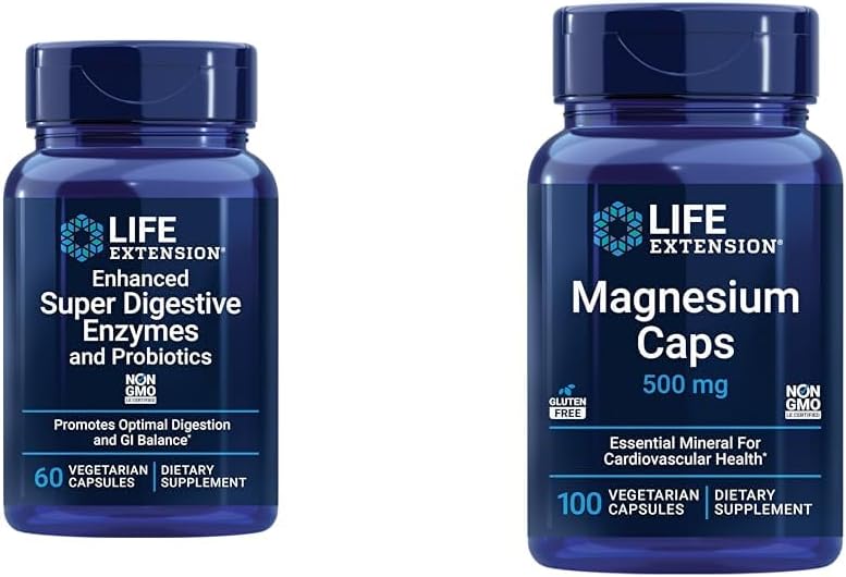 Extensión de la vida 60 cápsulas vegetarianas mejoradas súper enzimas " Probióticos y 100 cápsulas de magnesio para el corazón, el hueso, el metabolismo