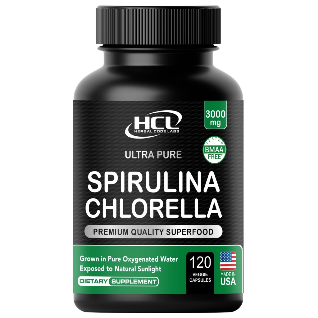 Chlorella Spirulina Powder capsules 3000 mg de BMAA Free Purest Blue Green Algae - Best Natural Detox Raw Vegan Vitaminas Protein Green Superfood - Made in USA